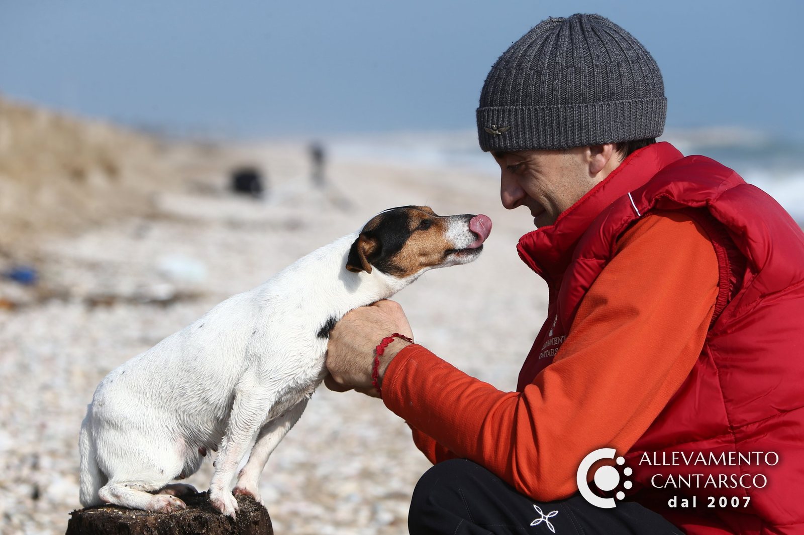 Simone Santarelli sulla spiaggia con una Jack Russell Cantarsco che gli si avvicina al viso: lo scatto riprodotto sulla t-shirt ufficiale